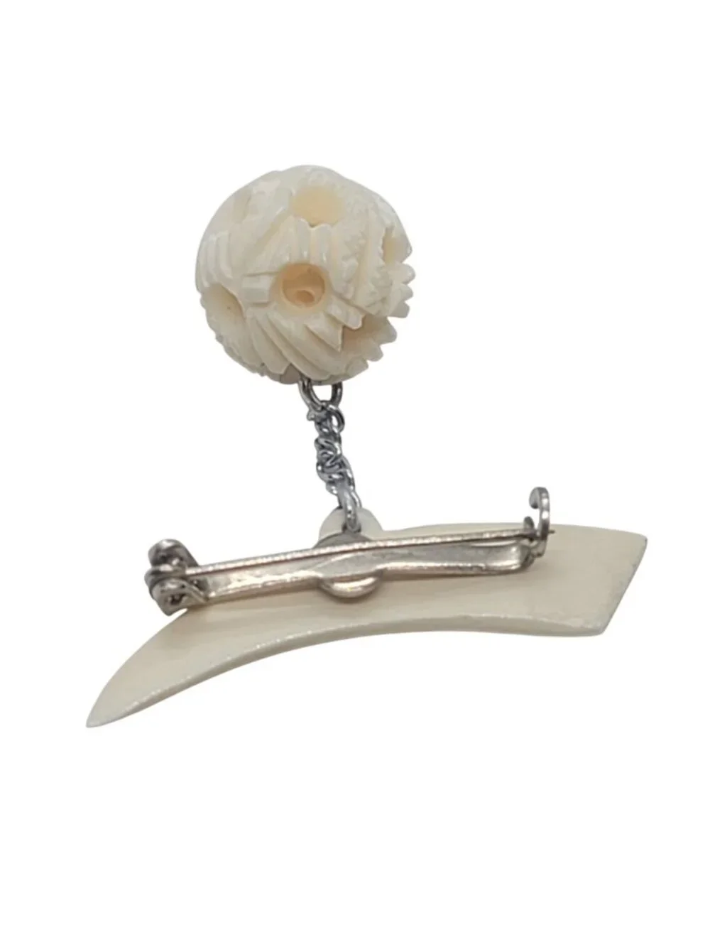 Vintage Carved Celluloid Horn Brooch Dangling Puzzle Ball Pendant Chain Accent